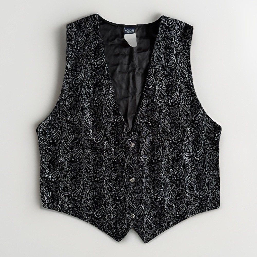 Vintage Black Velvet Paisley Vest Plus 22W Silver Button Waistcoat Western Glam